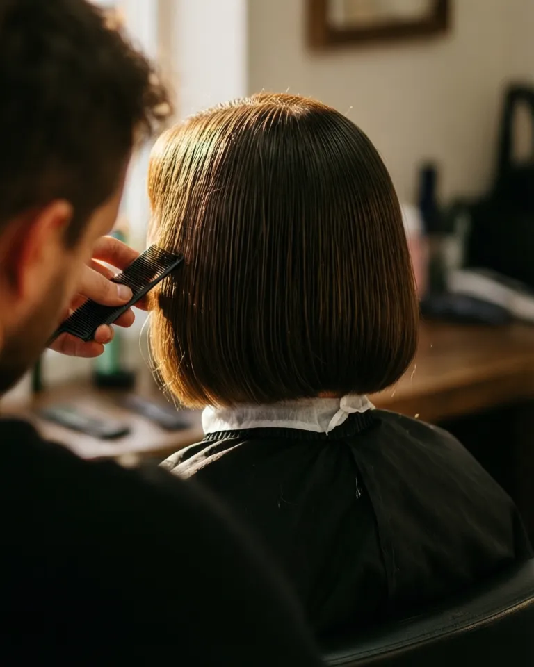 Stylist trimming a client's bob at the chair, warm light