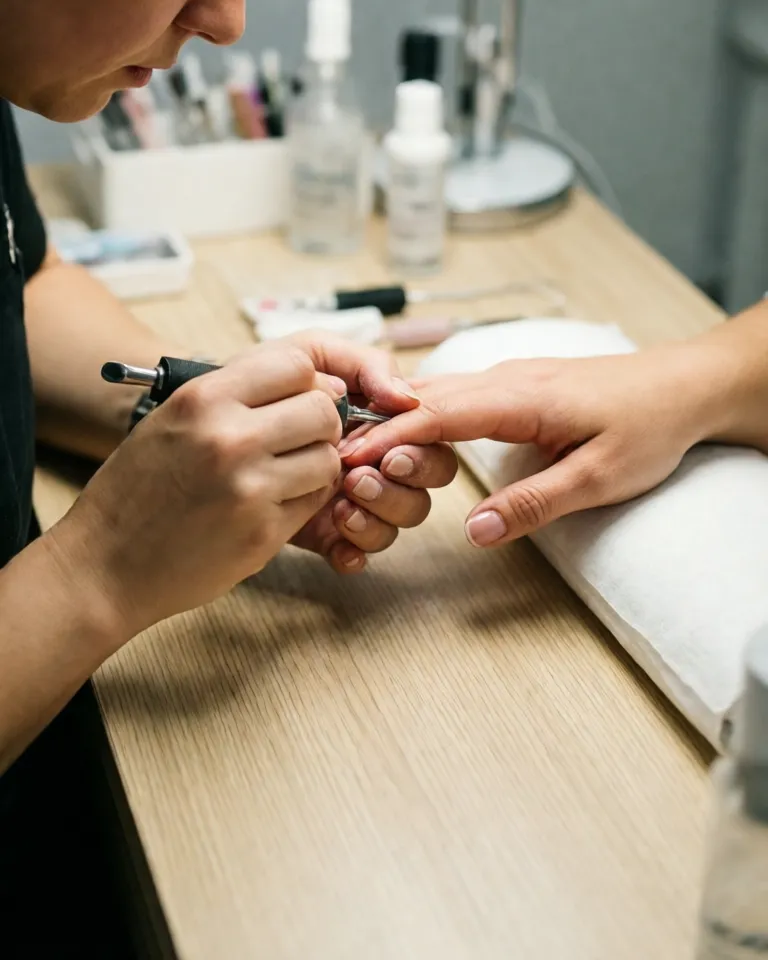 Nail technician polishing a client's nails at a light wood table